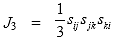 Equation 60. Definition of third deviatoric stress invariant in yield function. The third deviatoric stress invariant, J subscript 3, in index notation is equal to the product of one third, deviatoric stress, s subscript ij, deviatoric stress, s subscript jk, and deviatoric stress, s subscript ki. 