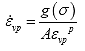 Equation 67. Simple strain hardening model with viscosity function. The rate of strain growth, epsilon overdot subscript vp, equals a stress function, g, parenthesis then sigma then close parenthesis, divided by coefficient A multiplied by viscoplastic strain level, epsilon subscript vp, raised to the power of coefficient p.