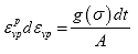 Equation 68. Simple strain hardening model with viscosity function rearranged. The viscoplastic strain level, epsilon subscript vp, raised to the power of coefficient p and multiplied by the change in viscoplastic strain, depsilon subscript vp, equals a stress function, g, parenthesis then sigma then close parenthesis, divided by coefficient A and multiplied by discrete time, dt.