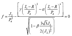 Equation 72. HISS model implemented by Delft University of Technology. The yield function, lowercase f, is equal to the second deviatoric stress invariant, J subscript 2, divided by atmospheric pressure, P subscript a, squared, multiplied by square bracket softening parameter, gamma, multiplied by parenthesis first stress invariant, I subscript 1, minus the tensile strength of material when deviatoric stress is 0, R, divided by atmospheric pressure, P subscript a, close parenthesis term squared minus hardening parameter, alpha, multiplied by parenthesis the first stress invariant, I subscript 1, minus the tensile strength of material when deviatoric stress is 0, R, divided by atmospheric pressure, P subscript a, close parenthesis raised to the power of n end square bracket, divided by the square root of parenthesis 1 minus beta multiplied by 3 multiplied by the square root of 3 multiplied by the third stress invariant, J subscript 3, divided by 2 divided by the second stress invariant, J subscript 2, raised to power of 3 divided by 2, close parenthesis.
