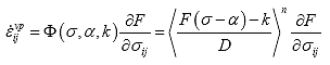 Equation 76. Definition of viscoplastic strain rate. The viscoplastic strain rate, epsilon overdot subscript ij superscript vp, is equal to the product of the strain rate magnitude function, iota parenthesis stress, sigma, comma back stress, alpha, comma isotropic hardening parameter, k, close parenthesis, multiplied by the partial derivative of the stress function, F, with respect to stress tensor, sigma subscript ij. It is also equal to Macauley bracket stress function, F, parenthesis stress, sigma, minus back stress, alpha, close parenthesis minus isotropic hardening parameter, k, divided by viscosity parameter, D, end Macauley bracket raised to the power of n, multiplied by the partial derivative of the stress function, F, with respect to stress tensor, sigma subscript ij.