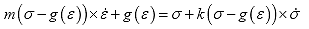 Equation 78. Definition of partial differential equation for Krempl model. The positive, bounded and even function, m, parenthesis stress, sigma, minus strain function, g parenthesis strain, epsilon, close parenthesis, close parenthesis, multiplied by the strain rate, epsilon overdot, plus strain function, g parenthesis strain, epsilon, close parenthesis is equal to stress, sigma, plus positive, bounded and even function k, parenthesis stress, sigma minus strain function g parenthesis strain, epsilon, close parenthesis close parenthesis multiplied by the stress rate, sigma overdot.