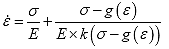Equation 80. Definition of partial differential equation for Krempl model. The inelastic strain rate, epsilon overdot, is equal to the stress, sigma, divided by the elastic modulus, E, plus stress, sigma, minus strain function g, parenthesis strain, epsilon, close parenthesis, divided by the material elastic modulus, E, multiplied by bounded and even function, k, parenthesis stress, sigma minus strain function, g, parenthesis strain, epsilon, close parenthesis, close parenthesis.
