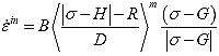 Equation 81. Definition of inelastic strain rate. The inelastic strain rate, epsilon overdot superscript in, is equal to coefficient B multiplied by Macauley bracket, parenthesis absolute value of stress, sigma, minus kinematic stress function, H, close parenthesis, minus isotropic hardening function, R, divided by drag stress, D, end Macauley bracket, raised to power of m, multiplied by parenthesis stress, sigma, minus back stress, G, close parenthesis, divided by absolute value of parenthesis stress, sigma, minus back stress, G, close parenthesis.