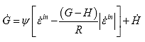 Equation 83. Definition of resistance to inelastic strain. The resistance to inelastic strain, G overdot, is equal to coefficient psi multiplied by square bracket strain rate, epsilon overdot, minus parenthesis back stress function, G, minus kinematic stress function, H, close parenthesis, divided by isotropic hardening function, R, multiplied by the absolute value of strain rate, epsilon overdot superscript in, end square bracket, plus kinematic stress function rate, H overdot.