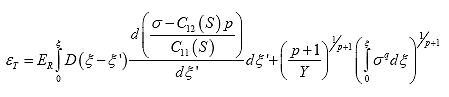 Equation 84. Multiaxial viscoelastoplastic continuum damage model. The total strain, epsilon subscript T, is equal to the reference modulus multiplied by the convolution integral of the creep compliance, D, as a function of reduced time, lowercase xi, minus the reduced time when loading began, lowercase xi superscript apostrophe, and the derivative of the stress, sigma, minus pressure multiplied by the second material integrity term, C subscript 12, which is a function of damage, S, divided by the first material integrity term, C subscript 11, with reduced time, lowercase xi superscript apostrophe, with integration between 0 and the time of interest; plus the integral of stress, sigma, raised to the power of coefficient, q, from reduced time equal 0 to the time of interest, lowercase xi, multiplied by the ratio of coefficient p plus 1 divided by coefficient Y, raised to the power of 1 divided by 1 plus coefficient p.