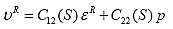 Equation 88. Definition of dilation through virtual work, correspondence principle, and material integrity parameters. The dilation, lowercase upsilon superscript R, equals the product of the total pseudo strain along the axis of symmetry, epsilon superscript R, and the second material integrity term, C subscript 12, plus the product of the third material integrity parameter, C subscript 22, and pressure, p.