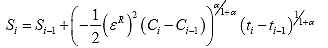 Equation 90. Discrete form of damage growth equation used for numerical solution. The damage at the current time step, S subscript i, equals damage at the previous step, S subscript i minus 1, plus negative one half multiplied by pseudo strain, epsilon superscript R, squared, multiplied by the pseudo stiffness at the current time step, C subscript i, minus the pseudo stiffness at the previous time step, C subscript i minus 1, raised to the damage evolution rate, alpha, divided by 1 plus the damage evolution rate, alpha, multiplied by the time in the current time step, t subscript i, minus time in the previous time step, t subscript i minus 1, raised to 1 divided by 1 plus the damage evolution rate, alpha.