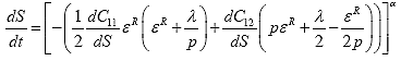 Equation 107. Damage evolution law growth with dual pseudo energy density function and Schapery’s method. The rate of damage growth with respect to time, dS divided by dt, is equal to -1 multiplied by one half multiplied by the product of the derivative of the first material integrity parameter, C subscript 11, with damage, S, and the pseudo strain, epsilon superscript R, multiplied by the sum of pseudo strain, epsilon superscript R, and parameter function, lowercase lambda, divided by pressure, p, plus the derivative of the second material integrity parameter, C subscript 12, with damage, S, multiplied by the sum of the pseudo strain, epsilon superscript R, multiplied by pressure, p, the parameter function, lowercase lambda, divided by 2 and negative of pseudo strain, epsilon superscript R, divided by twice the pressure, p, raised to the damage evolution rate, alpha.