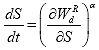 Equation 109. Viscoelastic continuum damage model damage evolution law. The rate of damage growth, dS divided by dt, is equal to the negative rate of change of the dual pseudo strain energy density, W subscript d superscript R, with respect to damage, S, raised to the damage evolution rate, alpha.