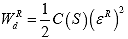 Equation 110. Definition of dual pseudo strain energy density function for uniaxial conditions. The dual pseudo strain energy density function, W subscript d superscript R, is equal to one half multiplied by pseudo stiffness, C, which is a function of damage, S, multiplied by the pseudo strain, epsilon superscript R.