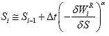 Equation 113. Damage evolution equation in discrete form. The damage and the next time step, S subscript i plus 1, equals the damage at the current time step, S subscript i, plus the finite difference of time, uppercase delta of time, multiplied by the negative rate of change of the dual pseudo strain energy density function, del mark W subscript i superscript R divided by del mark S, raised to the damage evolution rate, alpha.