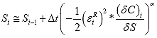 Equation 114. Discrete form of damage growth equation used for numerical solution. The damage at the next time step, S subscript i plus 1, equals damage at the current step, S subscript i, plus finite difference in time, uppercase delta of t, multiplied by negative one half multiplied by the pseudo strain at the current time step, epsilon subscript i superscript R, squared, multiplied by the change in pseudo stiffness with respect to damage at the current step, del mark C subscript i divided by del mark S, raised to the damage evolution rate, alpha.