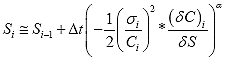 Equation 116. Discrete form of damage growth equation used for numerical solution when stress is known. The damage at the next time step, S subscript i plus 1, equals damage at the current step, S subscript i, plus finite difference in time, uppercase delta of t, multiplied by negative one half multiplied by the stress at the current time step, sigma subscript i, divided by the pseudo stiffness at the current time step, C subscript i, squared, multiplied by the change in pseudo stiffness with respect to damage at the current step, del mark C subscript i divided by del mark S, raised to the damage evolution rate, alpha.