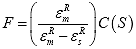 Equation 118. Functional relationship between function F and function C in previous formulation. The individual cycle stress pseudo strain stiffness, F, is equal to the peak pseudo strain value, epsilon subscript m superscript R, divided by the peak pseudo strain value, epsilon subscript m superscript R, minus the permanent pseudo strain, epsilon subscript s superscript R; multiplied by the material integrity term, C, which is a function of damage S.