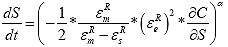 Equation 120. Damage evolution rate used in previous formulation. The rate of damage growth, dS divided by dt, is equal to negative one half multiplied by the peak pseudo strain value, epsilon subscript m superscript R, divided by the peak pseudo strain value, epsilon subscript m superscript R, minus the permanent pseudo strain, epsilon subscript s superscript R, multiplied by the effective pseudo strain, epsilon subscript e superscript R, squared, multiplied by the partial derivative of the material integrity term with respect to damage, del mark C divided by del mark S, raised to the damage evolution rate, alpha.