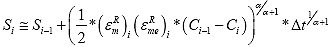 Equation 121. Discrete form of damage growth equation used for numerical solution in previous formulation. The damage at the current time step, S subscript i, equals damage at the previous step, S subscript i minus 1, plus one half multiplied by the peak pseudo strain value at the current time step, epsilon subscript m superscript R subscript i, multiplied by the effective pseudo strain value at the peak load at the current time step, epsilon subscript me superscript R subscript i, multiplied by the pseudo stiffness at the previous time step, C subscript i minus 1, minus the pseudo stiffness at the current time step, C subscript i, raised to the damage evolution rate, alpha, divided by 1 plus the damage evolution rate, alpha; multiplied by the change in time between step i and i plus 1, uppercase delta multiplied by time, t, raised to 1 divided by the damage evolution rate, alpha, plus 1.