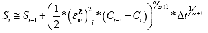 Equation 122. Discrete form of damage growth equation used for numerical solution in previous formulation after assuming permanent pseudo strain is small. The damage at the current time step, S subscript i, equals damage at the previous step, S subscript i minus 1, plus one half multiplied by the peak pseudo strain value at the current time step, epsilon subscript m superscript R subscript i, squared and multiplied by the pseudo stiffness at the previous time step, C subscript i minus 1, minus the pseudo stiffness at the current time step, C subscript i, raised to the damage evolution rate, alpha, divided by 1 plus the damage evolution rate, alpha; multiplied by the change in time between step i and i plus 1, uppercase delta multiplied by time, t, raised to 1 divided by the damage evolution rate, alpha, plus 1.