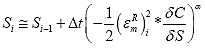 Equation 123. Discrete form of damage growth equation used for numerical solution in previous formulation after assuming permanent pseudo strain is small and the damage function is known. The damage at the current time step, S subscript i, equals damage at the previous step, S subscript i minus 1, plus finite difference in time, uppercase delta t, multiplied by negative one half multiplied by the peak pseudo strain value at the current time step, epsilon subscript m superscript R subscript i, squared, multiplied by the change in pseudo stiffness with respect to damage at the current step, del mark C subscript i divided by del mark S, raised to the damage evolution rate, alpha. 