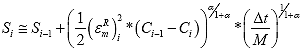 Equation 124. Discrete form of damage growth equation used for numerical solution in adjusted previous formulation. The damage at the current time step, S subscript i, equals damage at the previous step, S subscript i minus 1, plus one half multiplied by the peak pseudo strain value at the current time step, epsilon subscript m superscript R subscript i, squared and multiplied by the pseudo stiffness at the previous time step, C subscript i minus 1, minus the pseudo stiffness at the current time step, C subscript i, raised to the damage evolution rate, alpha, divided by 1 plus the damage evolution rate, alpha; multiplied by the change in time between step i and i plus 1, uppercase delta multiplied by time, t, divided by time adjustment factor, M, raised to 1 divided by the damage evolution rate, alpha, plus 1.