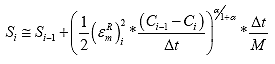 Equation 126. Discrete form of damage growth equation used for numerical solution in adjusted previous formulation after undoing final simplification step and applying correction factor. The damage at the current time step, S subscript i, equals damage at the previous step, S subscript i minus 1, plus one half multiplied by the peak pseudo strain value at the current time step, epsilon subscript m superscript R subscript i, squared and multiplied by the pseudo stiffness at the previous time step, C subscript i minus 1, minus the pseudo stiffness at the current time step, C subscript i, divided by the change in time between step i and i plus 1, uppercase delta of t, raised to the damage evolution rate, alpha, divided by 1 plus the damage evolution rate, alpha, multiplied by the change in time between step i and i plus 1, uppercase delta multiplied by t, divided by time adjustment factor, M.