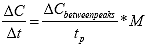 Equation 129. Relationship between damage between points within a cycle and damage change between peaks. The pseudo stiffness rate for sequential points in the cycle, uppercase delta of C divided by uppercase delta t, is equal to the change in pseudo stiffness between peaks, uppercase delta of C subscript between peaks, divided by the pulse time, t subscript p, multiplied by the adjustment factor, M.