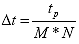 Equation 130. Relationship between sequential time intervals and pulse time. The sequential time interval, uppercase delta t, is equal to pulse time, t subscript p, divided by the adjustment factor, M, times the number of points within a cycle, N.