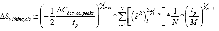 Equation 133. Rearranging the calculation of damage within a cycle to find adjustment factor Q simplified. The damage occurring within a cycle, uppercase delta S subscript within cycle, is equal to negative one half multiplied by the change in pseudo stiffness between peaks, uppercase delta C subscript between peaks, divided by the pulse time, t subscript p, raised to the raised to the damage evolution rate, alpha, divided by 1 plus the damage evolution rate, alpha, multiplied by the summation from the initial time step, i equals 1, to the final cycle time, N, of the effective pseudo strain history raised to the power of 2 times the damage evolution rate, alpha, divided by 1 plus the damage evolution rate, alpha, multiplied by the pulse time, t subscript p, divided by the adjustment factor, M, and raised to the reciprocal of 1 plus the damage evolution rate, alpha; multiplied by 1 over the number of points within a cycle, N.