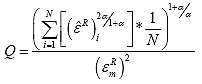 Equation 134. Calculation of adjustment factor Q. The adjustment factor Q is equal to the summation from the initial time step, i equals 1, to the final cycle time, N, of the effective pseudo strain history raised to the power of 2 times the damage evolution rate, alpha, divided by 1 plus the damage evolution rate, alpha, multiplied by the inverse of the number of points within a cycle, N, and raised to 1 plus the damage evolution rate, alpha, divided by the damage evolution rate, alpha, divided by the pseudo strain at the peak, epsilon subscript m superscript R, squared.