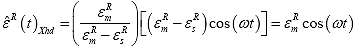 Equation 136. Functional form for effective pseudo strain history for controlled crosshead tests. The effective pseudo strain history for crosshead controlled tests, epsilon overhat superscript R subscript Xhd, is equal to the peak pseudo strain value, epsilon subscript m superscript R, divided by the peak pseudo strain value, epsilon subscript m superscript R, minus the permanent pseudo strain, epsilon subscript s superscript R, multiplied by the product of the peak pseudo strain, epsilon subscript m superscript R, minus the permanent pseudo strain, epsilon subscript s superscript R, and cosine of angular frequency, omega, multiplied by time, t, which equals peak pseudo strain for the cycle, epsilon subscript m superscript R, multiplied by the cosine of angular frequency, omega, multiplied by time, t.