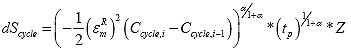 Equation 137. Discrete form of damage growth equation used for numerical solution in updated formulation. The change in damage in the current cycle, S subscript cycle, equals negative one half multiplied by the peak pseudo strain value at the current time step, epsilon subscript m superscript R subscript i, squared, multiplied by the pseudo stiffness at the current cycle, C subscript cycle subscript comma subscript i, minus the pseudo stiffness at the previous cycle, C subscript cycle subscript comma subscript i minus 1, raised to the damage evolution rate, alpha, divided by 1 plus the damage evolution rate, alpha, multiplied by the pulse time, t subscript p, raised to 1 divided by the damage evolution rate, alpha, plus 1 and multiplied by the total adjustment factor, Z.