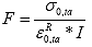 Equation 140. Definition of pseudo stiffness in refined derivation. The pseudo stiffness in the refined derivation, F, is equal to the tension stress amplitude, sigma subscript 0 comma ta, divided by the tension pseudo strain amplitude, epsilon superscript R subscript 0 comma ta, multiplied by the specimen correction factor, I.