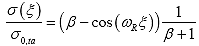 Equation 141. Analytical representation of stress in refined derivation. The stress as a function of reduced time, sigma open parenthesis xi close parenthesis, normalized by the tension stress amplitude, sigma subscript 0 comma ta, is equal to open parenthesis tension loading duration factor, beta, minus cosine of the reduced angular frequency of loading, omega multiplied by reduced time, xi, close parenthesis, multiplied by 1 divided by loading duration factor, beta, plus 1.