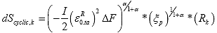Equation 148. Calculation of cyclic damage. The damage growth for cyclic loading, dS subscript cyclic comma k, is equal to open parenthesis negative specimen correction factor, I, divided by 2 multiplied by the tension pseudo strain amplitude, epsilon superscript R subscript 0 comma ta, squared and multiplied by the change in pseudo stiffness, Delta F, close parenthesis then raised to the power alpha divided by 1 plus alpha, multiplied by the reduced pulse time, xi subscript p, raised to the power of 1 divided by 1 plus alpha, multiplied by the cycle specific form adjustment factor, R subscript k.