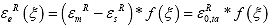 Equation 151. Definition of effective pseudo strain history for deriving form adjustment factor. The effective pseudo strain as a function of reduced time, epsilon superscript R subscript e open parenthesis xi close parenthesis is equal to the open parenthesis total pseudo strain peak value in a cycle, epsilon superscript R subscript m, minus the permanent pseudo strain value for a cycle, epsilon superscript R subscript s, close parenthesis multiplied by a time function, f open parenthesis reduced time, xi, close parenthesis. It is also equal to the tensile pseudo strain amplitude, epsilon superscript R subscript 0 comma ta, multiplied by a time function, f open parenthesis reduced time, xi, close parenthesis.