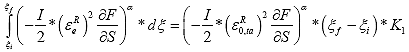 Equation 153. Equivalency of rigorous and simplified damage growth for finding the form adjustment factor. The integral from initial reduced time, xi subscript i, to the final reduced time, xi subscript f, of open parenthesis negative specimen correction factor, I, divided by 2 multiplied by the effective pseudo strain, epsilon superscript R subscript e, squared and multiplied by the partial derivative of pseudo stiffness, C, with respect to damage, S, close parenthesis raised to the power of alpha and multiplied by the change in reduced time, d xi is equal to open parenthesis negative specimen correction factor, I, divided by 2 multiplied by the tension pseudo strain amplitude, epsilon superscript R subscript 0 comma ta, squared and multiplied by the partial derivative of pseudo stiffness, F, with respect to damage, S, close parenthesis then raised to the power of alpha and multiplied by the change in reduced time, open parenthesis xi subscript f minus xi subscript i close parenthesis, multiplied by the component of the form adjustment factor, K subscript 1.