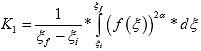 Equation 155. Definition of the component of the form adjustment factor. The component of the form adjustment, K subscript 1, is equal to the reciprocal of the difference between the final reduced tensile loading time, xi subscript f, and the initial reduced tensile loading time, xi subscript i, multiplied by the integral from initial reduced time, xi subscript i, to final reduced time, xi subscript f, of open parenthesis the reduced time function close parenthesis raised to the power of the product of 2 and alpha multiplied by the change in reduced time, d xi.