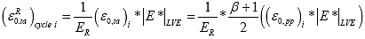 Equation 157. Simplified calculation of pseudo strain tensile amplitude. The tensile pseudo strain amplitude for the given cycle, open parenthesis epsilon superscript R subscript 0 comma ta, close parenthesis subscript cycle i, is equal to 1 divided by the reference modulus, E subscript R, multiplied by open parenthesis tensile strain amplitude, epsilon subscript 0 comma ta, close parenthesis subscript i multiplied by the linear viscoelastic dynamic modulus, absolute value bars of E superscript star subscript LVE. Or the tensile pseudo strain amplitude is equal to 1 divided by the reference modulus, E subscript R, multiplied by the loading time factor plus 1 then divided by 2 and multiplied by open parenthesis open parenthesis peak-to-peak strain amplitude, epsilon subscript 0 comma pp, close parenthesis subscript i multiplied by the linear viscoelastic dynamic modulus, absolute value bars of E superscript star subscript LVE, close parenthesis.