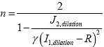 Equation 165. Definition of n function. The power function, n, is equal to 2 divided expression represented with 1 minus second deviatoric stress invariant, J subscript 2 subscript dilation, divided by softening function, gamma, parenthesis first stress invariant, I subscript 1 subscript dilation, minus the tensile strength of material when deviatoric stress is 0, R close parenthesis, raised to a power of 2.
