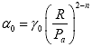 Equation 166. Definition of initial alpha function. The initial hardening function, alpha subscript 0, is equal to initial softening, gamma subscript 0 multiplied by parenthesis the tensile strength of material when deviatoric stress is 0, R, divided by atmospheric pressure, P subscript a, close parenthesis, raised to the power of 2 minus n.