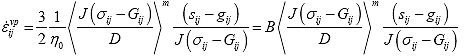 Equation 173. The general flow rule with von Mises’ yield concept. The viscoplastic strain tensor, epsilon overdot subscript ij superscript vp, is equal to 3 divided by 2 multiplied by 1 divided by coefficient eta subscript 0, multiplied by Macauley bracket the second invariant function, J, parenthesis stress, sigma subscript ij, minus the yield stress tensor, G subscript ij, close parenthesis, divided by viscosity function, D, end Macauley bracket, multiplied by parenthesis deviatoric stress tensor, s subscript ij, minus deviatoric back stress tensor, g subscript ij, close parenthesis, divided by the second invariant function, J, parenthesis stress, sigma subscript ij, minus the yield stress tensor, G subscript ij, close parenthesis. This also equals coefficient B, multiplied by Macauley bracket the second invariant function, J, parenthesis stress, sigma subscript ij, minus the yield stress tensor, G subscript ij, close parenthesis, divided by viscosity function, D, end Macauley bracket, multiplied by parenthesis deviatoric stress tensor, s subscript ij, minus deviatoric back stress tensor, g subscript ij, close parenthesis, divided by the second invariant function, J, parenthesis stress, sigma subscript ij, minus the yield stress tensor, G subscript ij, close parenthesis.