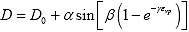 Equation 174. Definition of function D. The viscosity function, D, is equal to initial viscosity, D subscript 0 plus material constant alpha multiplied by sine square bracket material constant beta multiplied by 1 minus exponential of negative material constant gamma multiplied by epsilon subscript vp, close parenthesis, end square bracket.