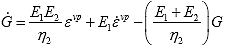 Equation 176. Definition of rate-dependent yield function for hardening and softening. The yield stress rate, G overdot, is equal to material constant E subscript 1 multiplied by material constant E subscript 2 divided by material constant nu subscript 2 multiplied by viscoplastic strain, epsilon subscript vp, plus material constant E subscript 1 multiplied by viscoplastic strain rate, epsilon overdot superscript vp, minus parenthesis material coefficient E subscript 1 plus material constant E subscript 2 over material constant nu subscript 2, close parenthesis, multiplied by yield function, G.