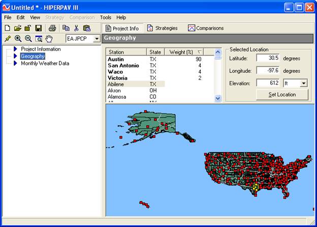  This screenshot depicts the 
  HIPERPAV® III interface of geography. There is a map of the United  States, and Austin, TX, is marked by a yellow circle. Toward the top of the  screen, there are several option buttons which include "Project Info,"  "Strategies," and "Comparisons." There are also text boxes for users to define  project locations and get information about a location's latitude, longitude,  and elevation. 
