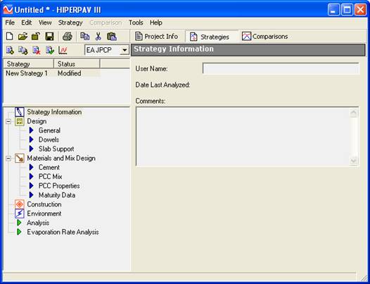 This screenshot depicts the HIPERPAV®  III interface of strategy information. Toward the top of the screen, there are  several drop–down menus including "File," "Edit," "View," "Strategy,"  "Comparison," "Tools," and "Help." On the left side of the screen under the button  "Strategy Information," there are four major buttons including "Design," "Materials  and Mix Design," "Construction," and "Environment." The "Design" button includes  the following three options: "General," "Dowels," and "Slab Support." The "Materials  and Mix Design" button includes the following four options: "Cement," "PCC Mix,"  "PCC Properties," and "Maturity Data." 