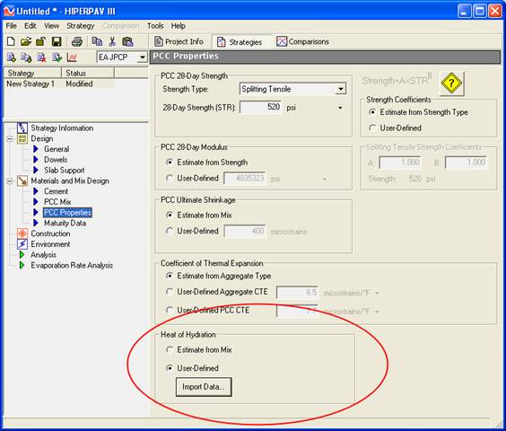 This screenshot depicts the 
  HIPERPAV® III interface of Portland cement concrete (PCC)  properties. There are a several option buttons and text boxes for user  definitions which include "PCC 28–Day Strength," PCC 28–Day Modulus," "PCC Ultimate  Shrinkage," "Coefficient of Thermal Expansion," and "Heat of Hydration," the  last of which is circled in red.