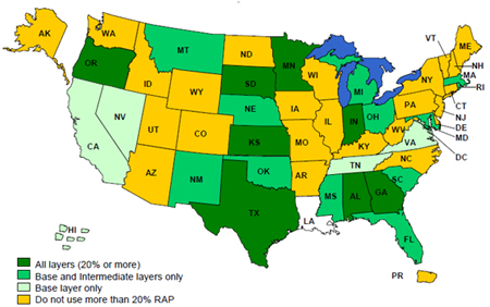 Figure 8. Map. States that use more than 20 percent RAP in HMA layers. Click here for more information.