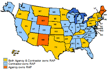 Figure 10. Map. Ownership of RAP by State highway agency. Click here for more information.