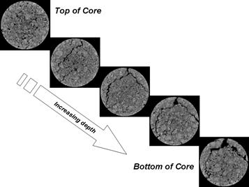 This photo shows five X-ray-computed tomography image slices of an accelerated load facility (ALF) core at progressively deeper positions in the pavement. The same crack becomes wider and more severe at the bottom of the core than at the top of the core.