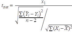 t subscript stat equals x subscript one divided by parenthesis square root of the quantity of the sum of the quantity y-hat subscript i minus y subscript i all squared divided by n minus two which is then divided by the square root of the quantity of the sum of the quantity x subscript i minus x-bar all squared closed parenthesis.